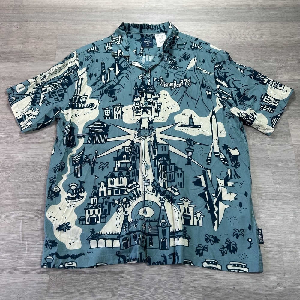Disney Shirt Mens Large Blue Disneyland 70 Vault Hawaiian Short Sleeve Button Up